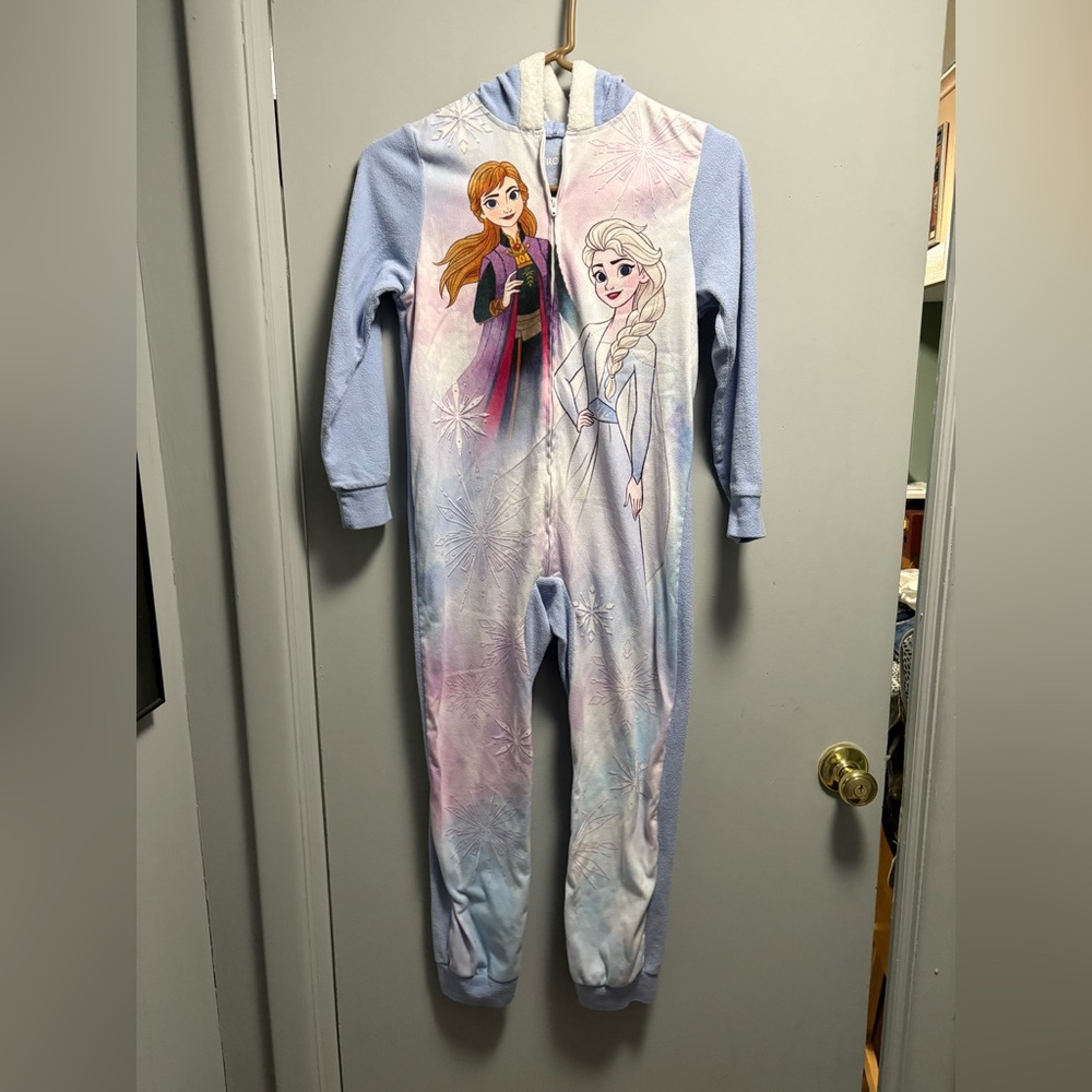 Girls Disney Frozen One Piece Zip-Up Footless Pajama With Hood Size 10